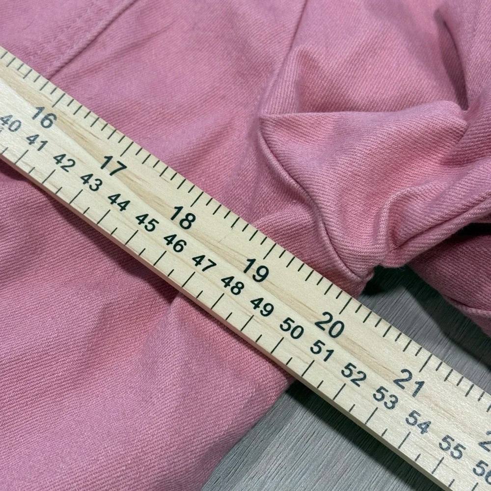 Chicos Women Pink Ruffle Hem Denim Style Jacket Size 2 Large Button Front Twill